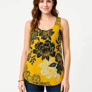 CAbi Women's Bali Floral Tank Top Small Sleeveless Yellow Navy Blue Silk Blend S